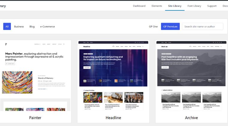 generatepress site library available templete