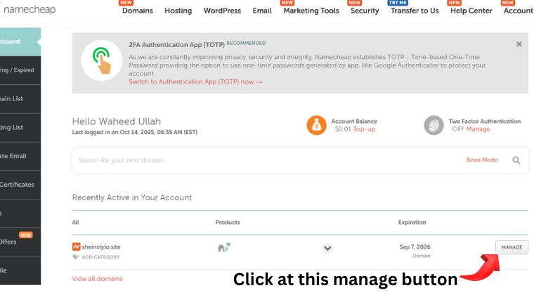 Namecheap Domain manage